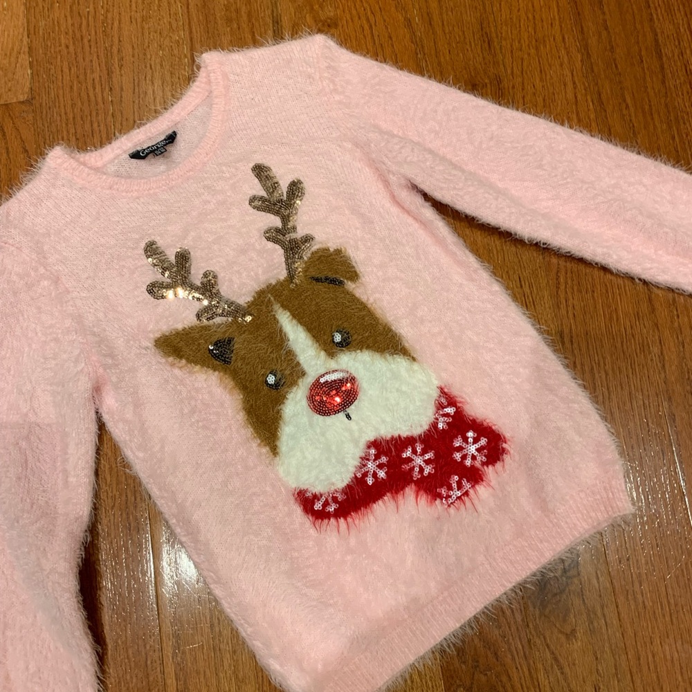 Sequin Reindeer Eyelash Sweater women XS/child XL NWOT